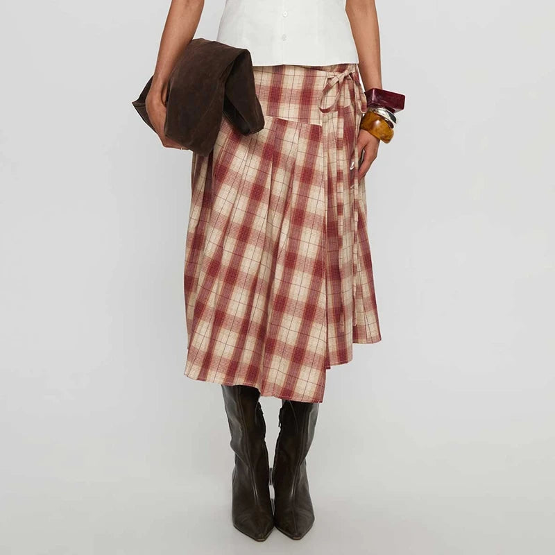 LIZAKOSHT  -  Women Vintage Plaid Midi Skirt Stylish Irregular Hem Bow Tie Pleated Skirts Preppy Cute Y2k Gingham A Line Skirt