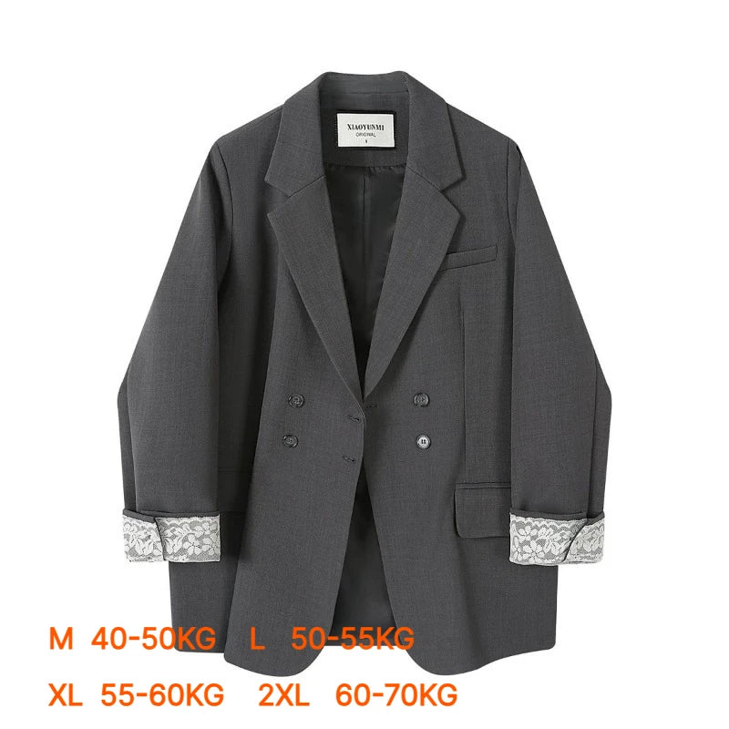 LIZAKOSHT  -  Women Double-breasted Blazers Elegant Lace Patchwork Cuffs Design Large Lapel Jacket Versatile Office Casual Loose Outer Coats
