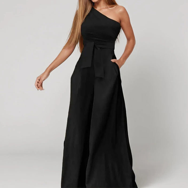 LIZAKOSHT  -  Elegant Diagonal Collar One-shoulder Solid Color High Waist Strappy Sleeveless Pocket Jumpsuit Wide Leg Pants Clubwear