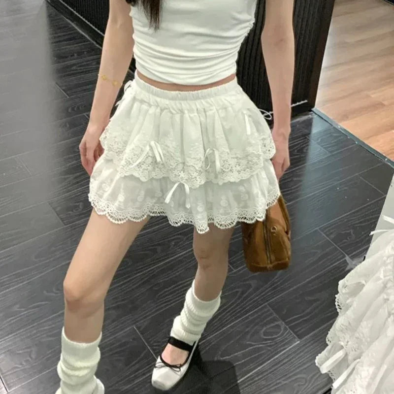LIZAKOSHT  -  Coquette Lace Mini Skirt Women White Sweet Bow Kawaii Ruffle Skirts Patchwork Layered Cute A-line Short Skirt Aesthetics