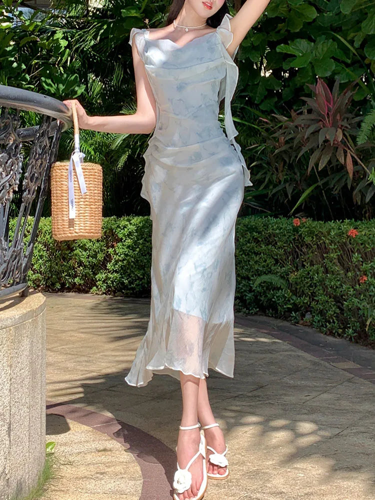 Lizakosht Chiffon Dresses for Women Sleeveless French Style Ruffles Dresses Korean Fashion Floral Sling Sweet 2024 New Spring Summer Dress