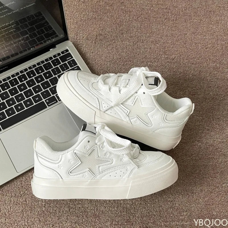 LIZAKOSHT  -  Retro thick soled white shoes for women's spring summer new round toe casual lace up simple comfortable women's board shoes