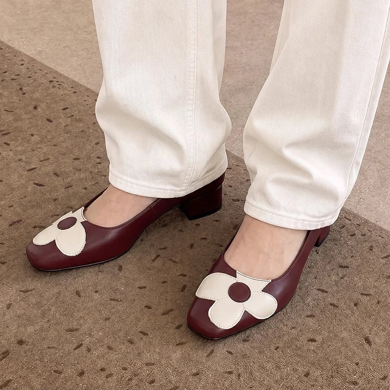 LIZAKOSHT  -  Fashion Pumps New High Quality Genuine Leather Shoes Round Head Flower Shallow Mouth High Heels Slip On Women's Shoes