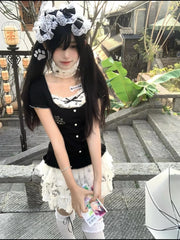 LIZAKOSHT  -  Summer Japanese Kawaii Patchwork Dress Women Cute Short Tops + Mini Pleated Skirts New Y2k Lace Bow Subculture Sweet Set