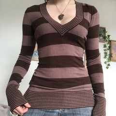 LIZAKOSHT  -  Grunge Fairy 90s Vintage Striped T-shirt Autumn Spring V Neck Long Sleeve Tops Y2K Chic Women Retro Knitted Sweater Tees Top