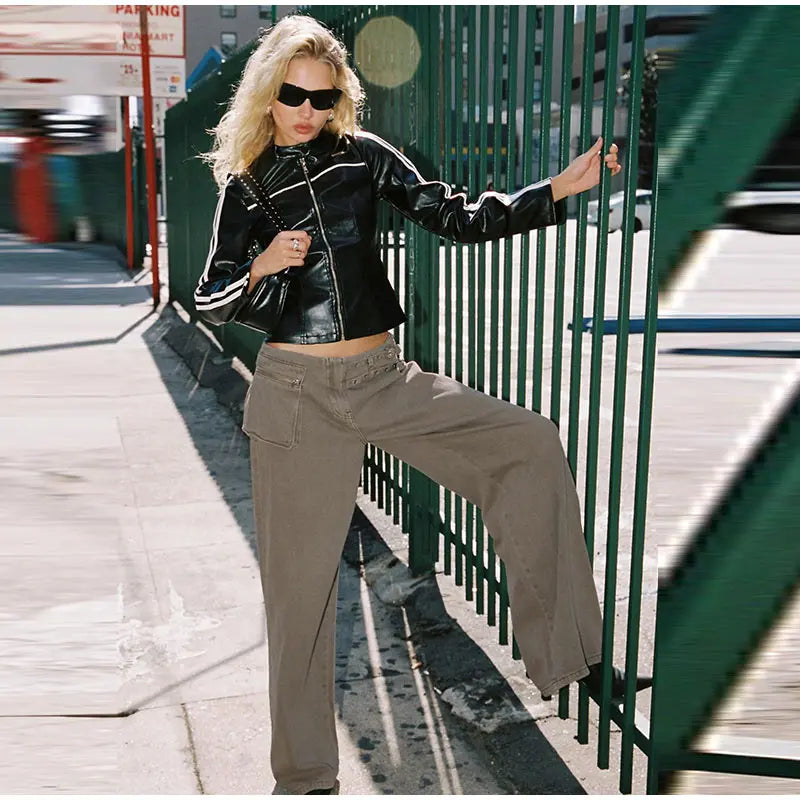 LIZAKOSHT  -  Street Belt Women Jeans Mid Waist Wide Leg Pockets Loose Female Denim Pants Autumn New Fashion All-match Lady Trousers