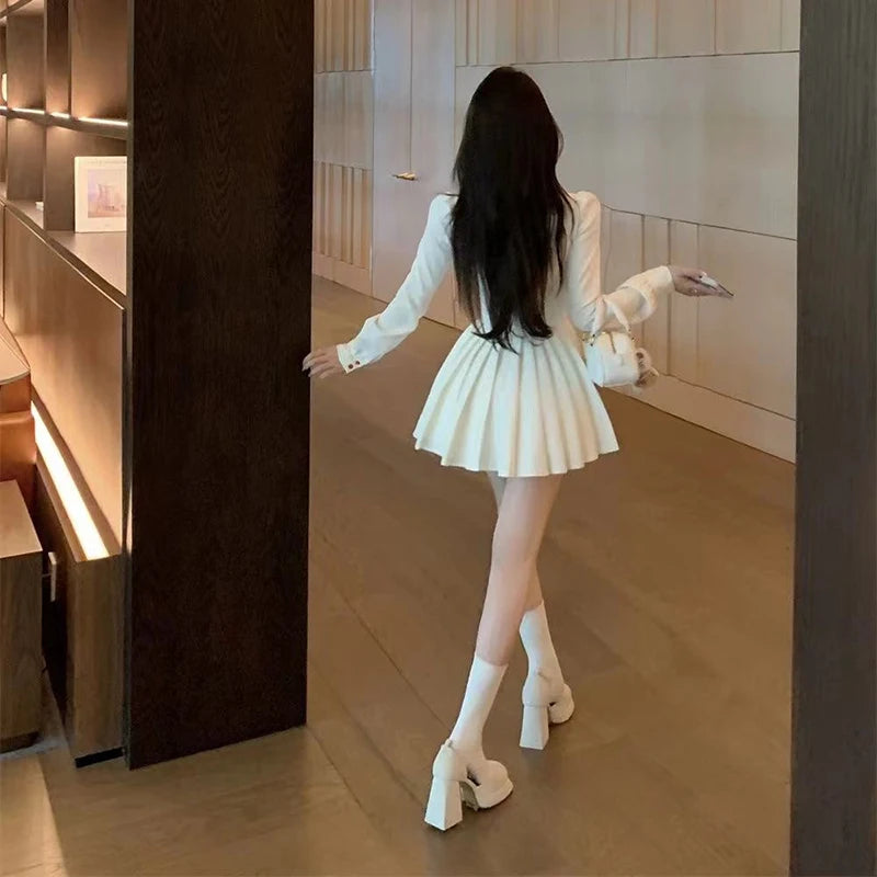 LIZAKOSHT  -  Sweet Bow Mini Dress Women Autumn Long Sleeve Irregular Pleated Patchwork Dresses Kawaii Preppy Button Slim Fit Student Vestidos