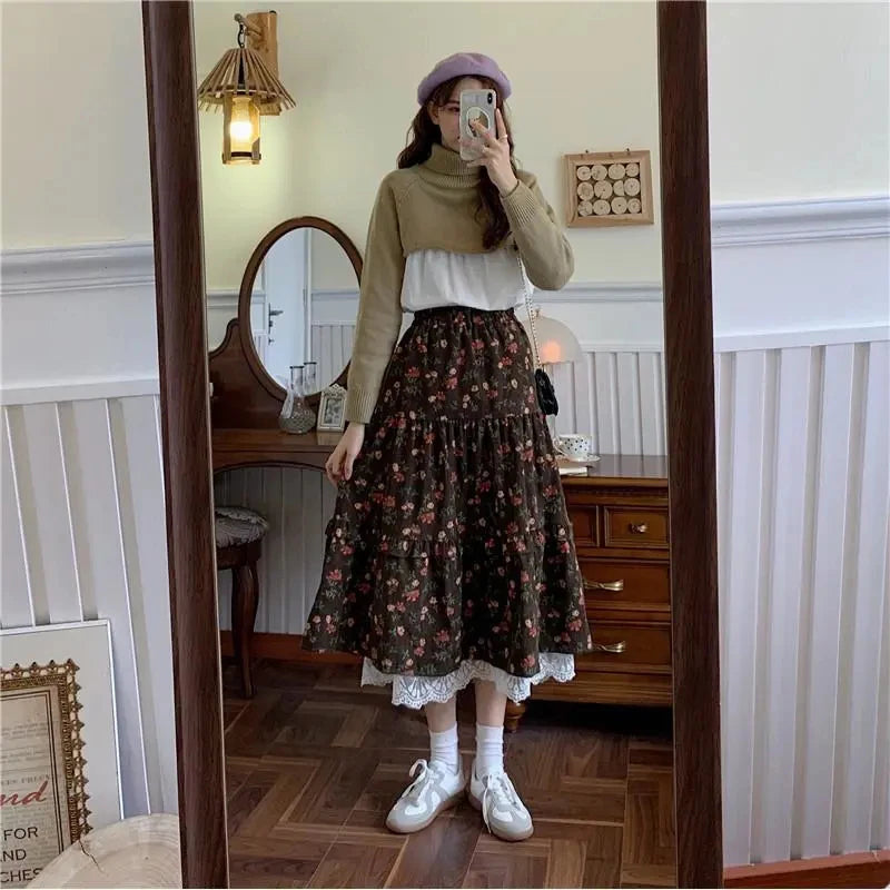 LIZAKOSHT  -  Vintage Floral Midi Skirt Women Lace Patchwork High Waist A Line Loose Casual Skirts Fall Winter Retro Harajuku Elegant Skirt