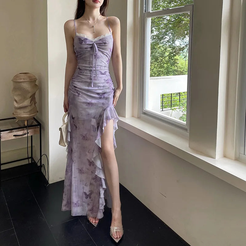LIZAKOSHT  -  Printed Camisole Dress for Women Resort-style Butterfly Print Dress with Ruffled Hem