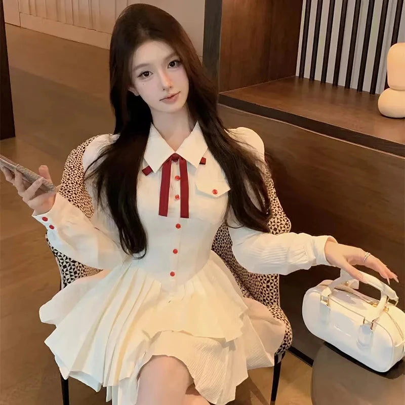 LIZAKOSHT  -  Sweet Bow Mini Dress Women Autumn Long Sleeve Irregular Pleated Patchwork Dresses Kawaii Preppy Button Slim Fit Student Vestidos
