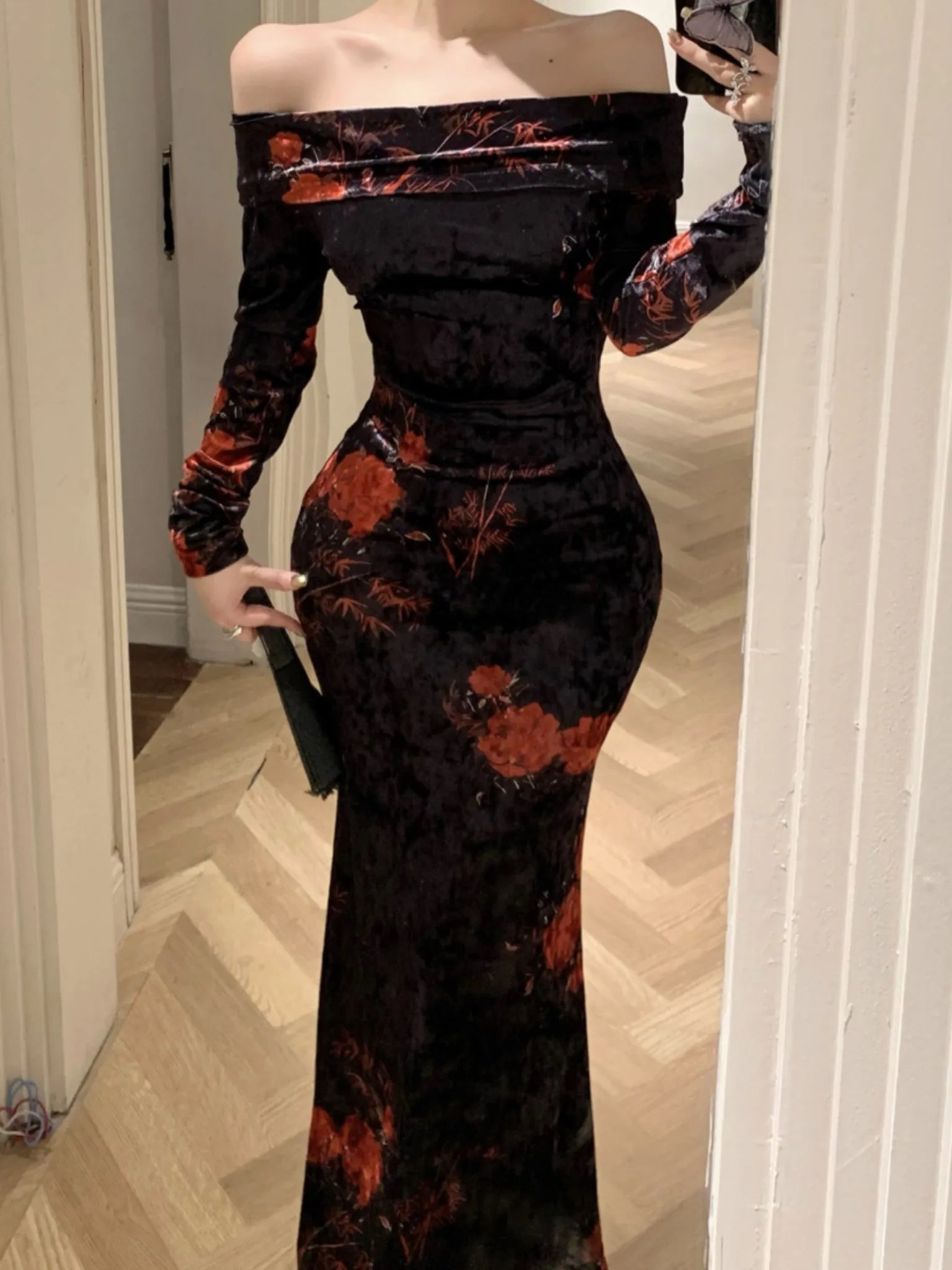 LIZAKOSHT  -  Vintage Floral Printed Slash Neck Bodycon Dress Women Sexy Elegant Long Sleeve Velvet Robe Autumn Winter Ladies Party Vestidos