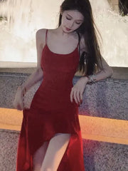 LIZAKOSHT -  Sexy Red Sleeveless High Split Dress Women Solid Spaghetti Strap Korean Chic Evening Party One Piece Vestidos Clothing