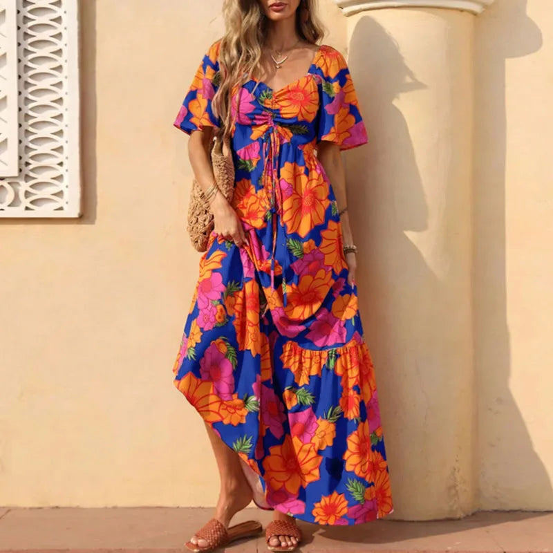 LIZAKOSHT  -  Women Elegant V-neck Draped Vacation Dress Summer Casual Short Sleeve Big Swing Party Dress Fashion Floral Printed Long Dresses