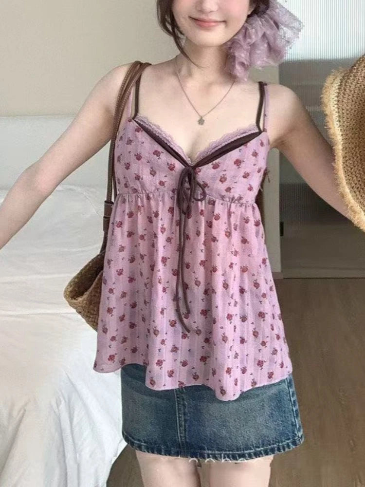 LIZAKOSHT  -  French Floral Fake Two Piece Lace Cami Top Women Summer Slim Fit Sweet Sexy Chic Camis Style Streetwear Fashion Outfit New