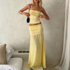 LIZAKOSHT  -  Sexy Strapless Off Shoulder Suit Chic Striped Backless Splice Outfit Casual Sleeveless Vest+Mesh Semi Transparent Skirt 2pc Set