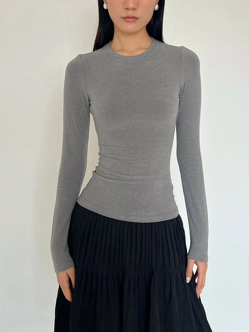LIZAKOSHT  -  Solid Basic Long Sleeve T-shirts Woman Spring Crew Neck Slim Tee Shirts Female Casual Simple All-match Tshirts Y2k Tops New