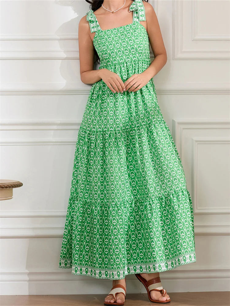 LIZAKOSHT  -  Women Sleeveless Tie-up Strap Long Maxi Dress Fashion Print High Waist Backless Dress for Summer Female Vestidos