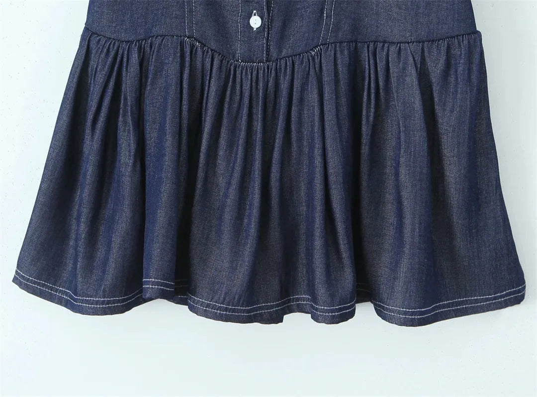 LIZAKOSHT  -  Women Smocked back  Button Christa Denim Mini Dress Blue Denim