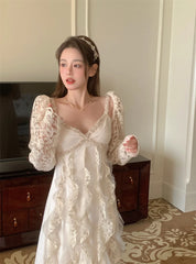 LIZAKOSHT -  Summer Pure Color Office Lady Sweet Lace Long Dress Beach Style Y2k Travel Dress Women Elegant One Piece Dress Korean