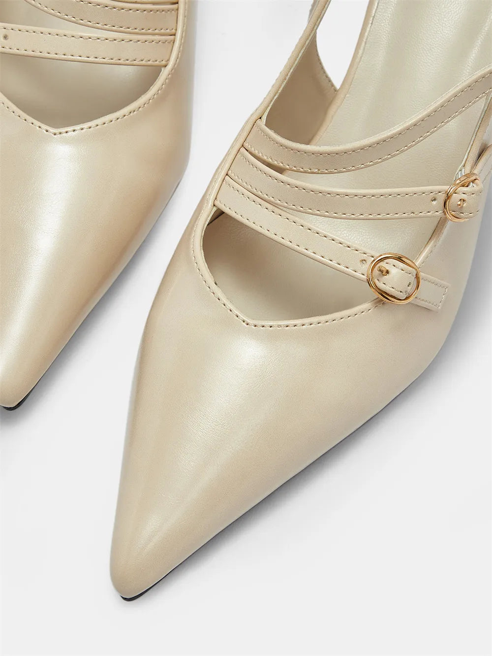 LIZAKOSHT  -  Elegant Beige Kitten Heels Slingback Pumps Classic Pointy Toe Buckle Straps Office Lady Shoes Women