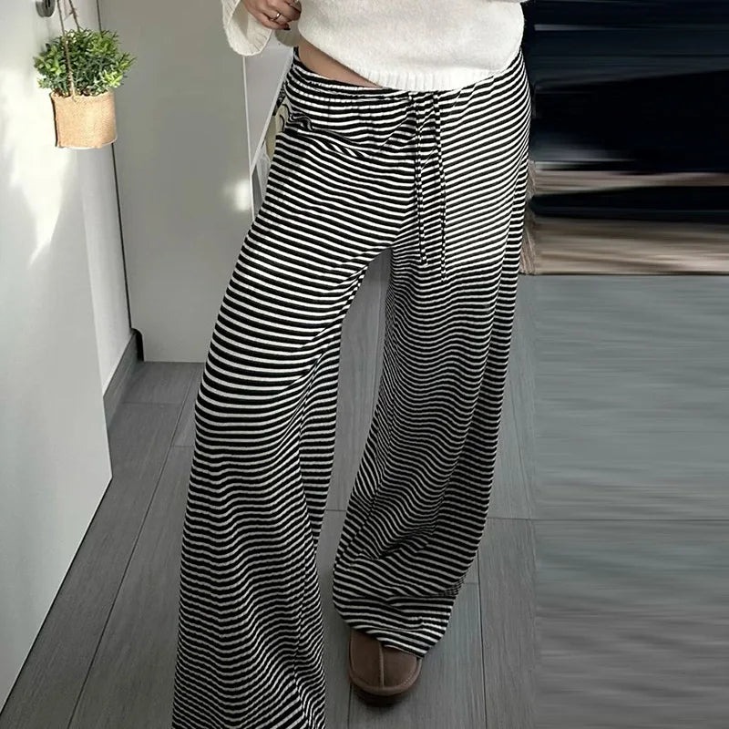 LIZAKOSHT  -  Y2K Women Casual Knit Pants Slim Fit Lazy Style Striped European American Versatile Waist Cinching Trousers