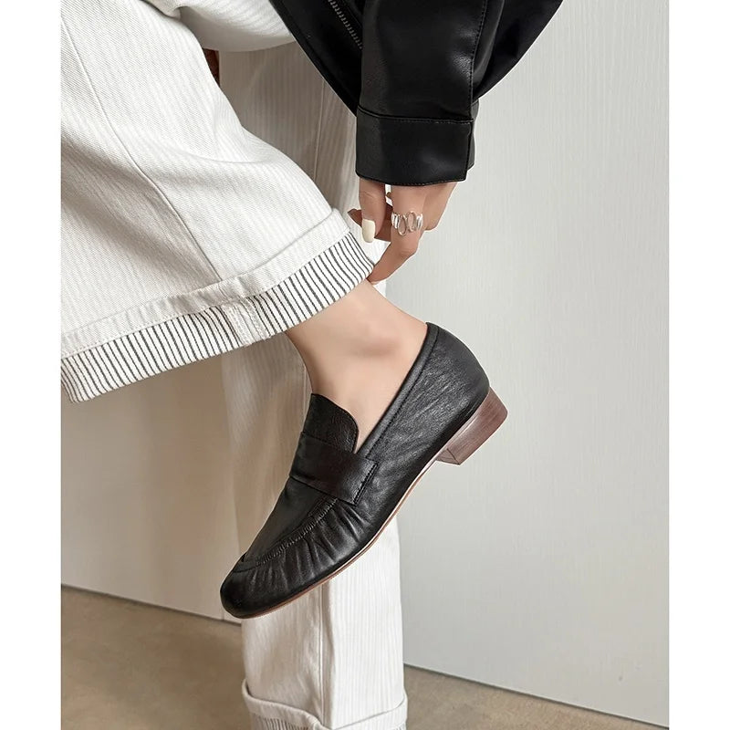 LIZAKOSHT  -  Fashion Loafers Women's New High Quality Genuine Soft Leather Shoes Round Head Ruched  High Heels Casual Shoes Women