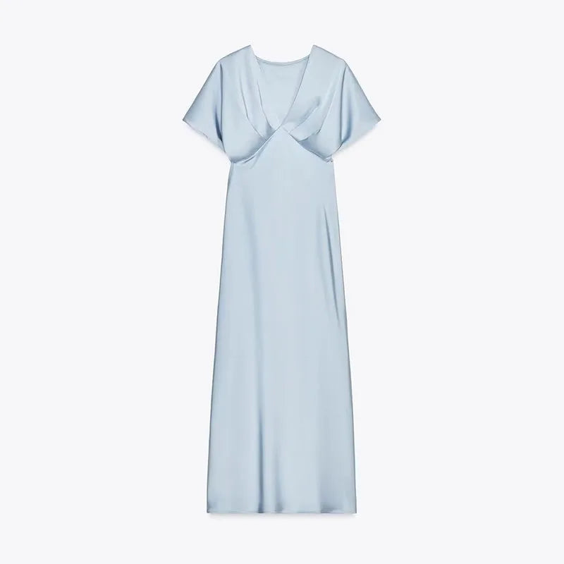 LIZAKOSHT  -  Elegant Satin Solid Long Dress Women V-neck Short Sleeve Pleated Female Party Dresses Summer Lady Chic Holiday Beach Robes