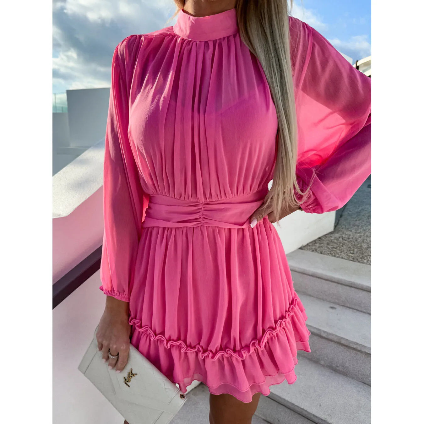 LIZAKOSHT  -  Sweet Casual Vaion Dr Women's Stand Collar Chiffon A-Line Skirt Ele Folded High Waist Spring Summer Long Sve