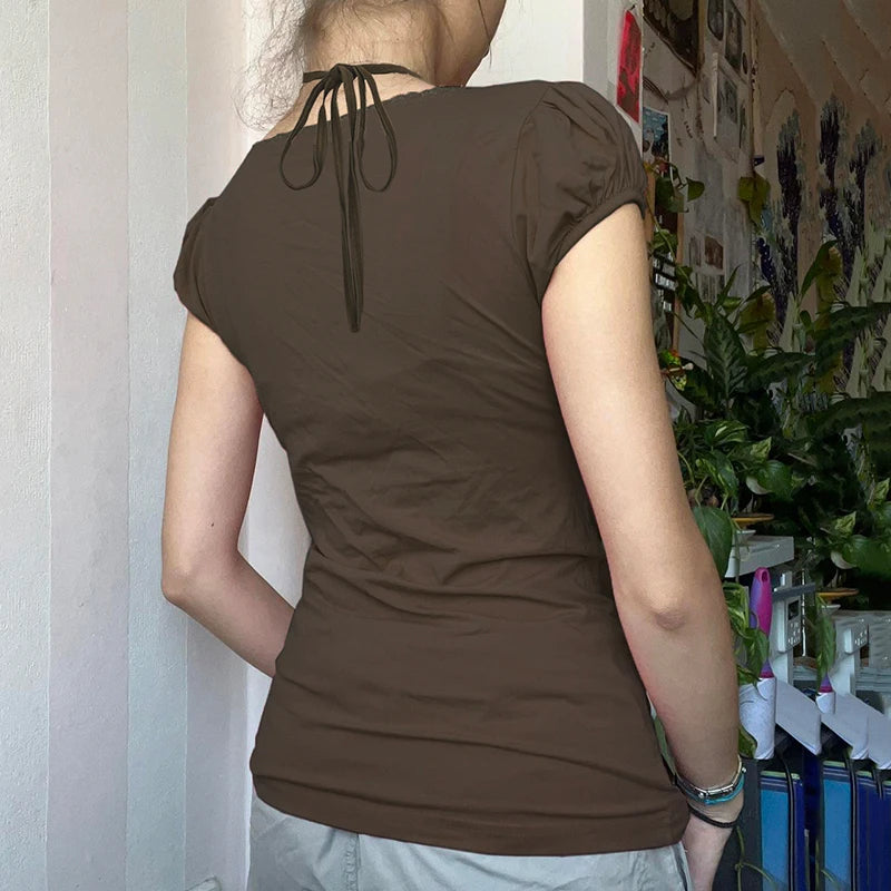 LIZAKOSHT  -  Beaded Halter-neck Top Pink Brown Color Elegant Fashion Slim-fitting T-shirt French Style Chest Folds Clothes Summer