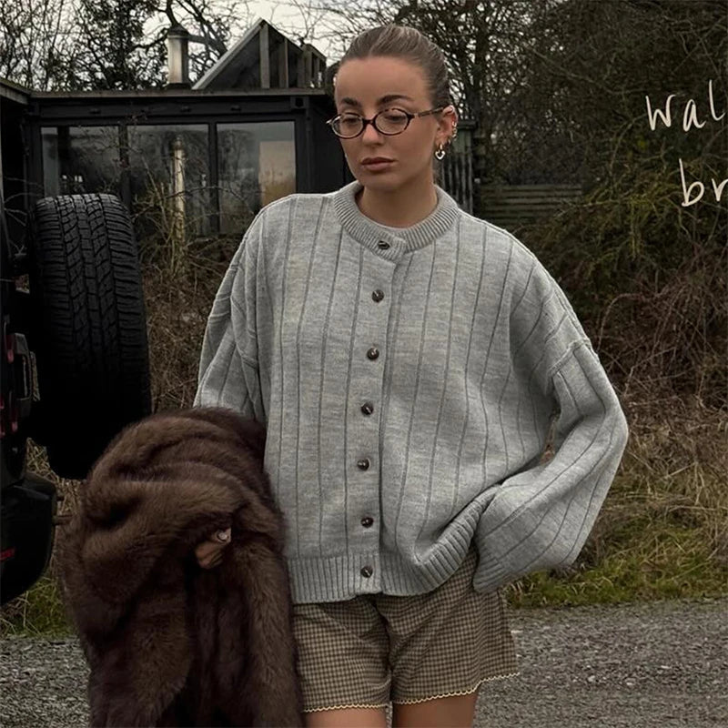 LIZAKOSHT  -  Chic Solid Sweater For Women O-neck Full Sleeve Loose Single Breasted Short Cardigan 2025 Autumn Female Daily Casual Outerwear