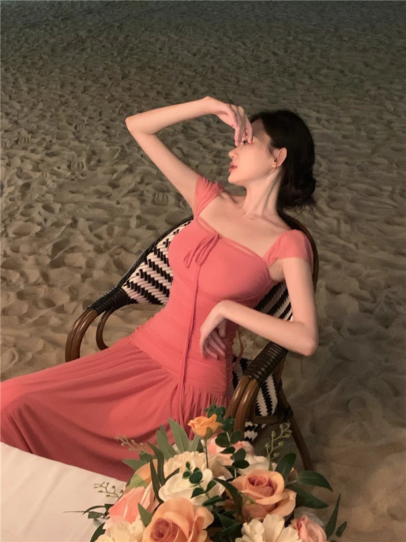 LIZAKOSHT  -  Summer Elegant Slim Beach Dress Korean New Tide One-piece A-line Shot Sleeve Sundress Women Fairy Pink Vestidos Mujer Clothes