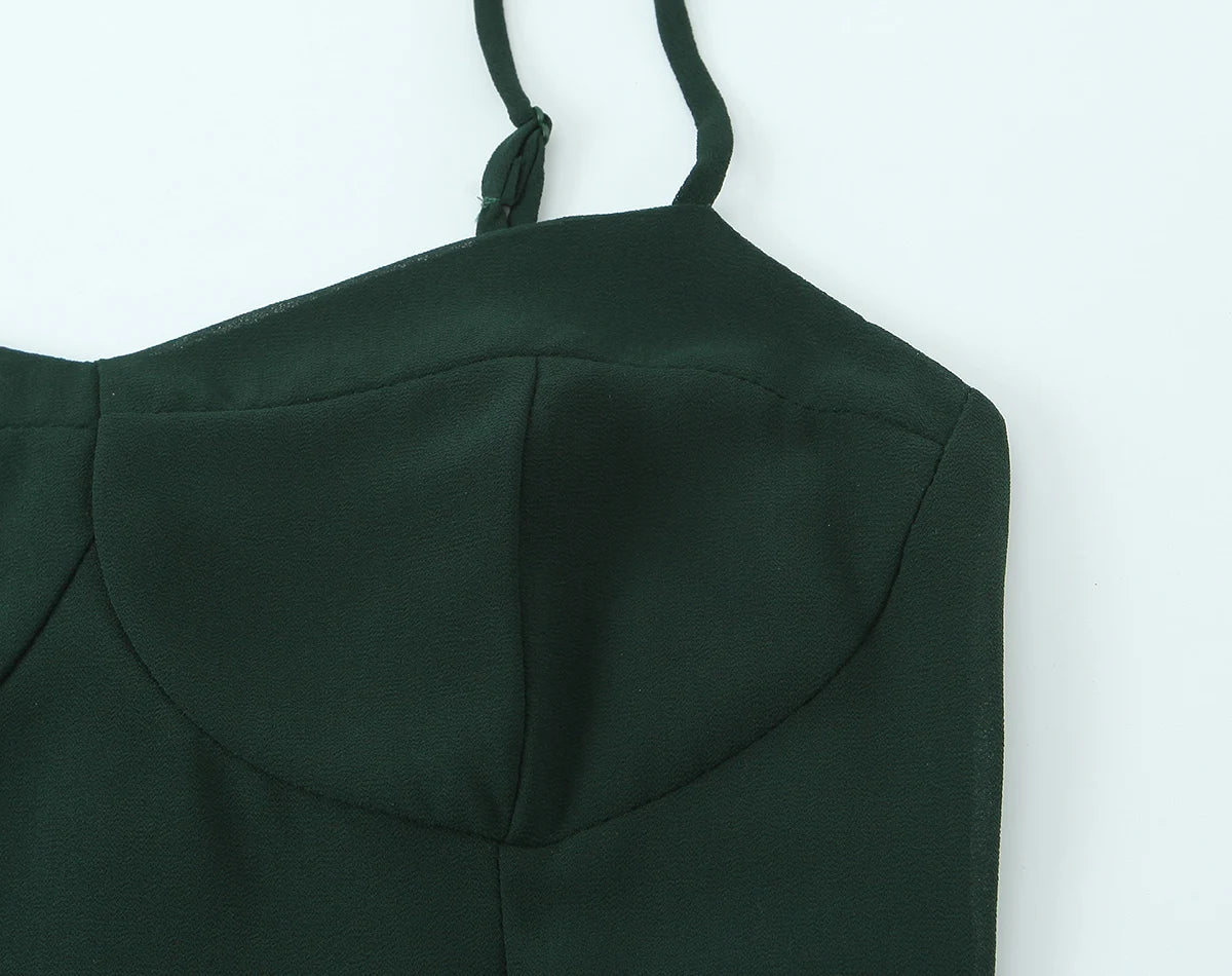 LIZAKOSHT  -  French Style Retro Dark Green V neck Corset Style Sling Dress Women Elastic Back Ruffles Hem Short Dresses Summer Robe Vestidos