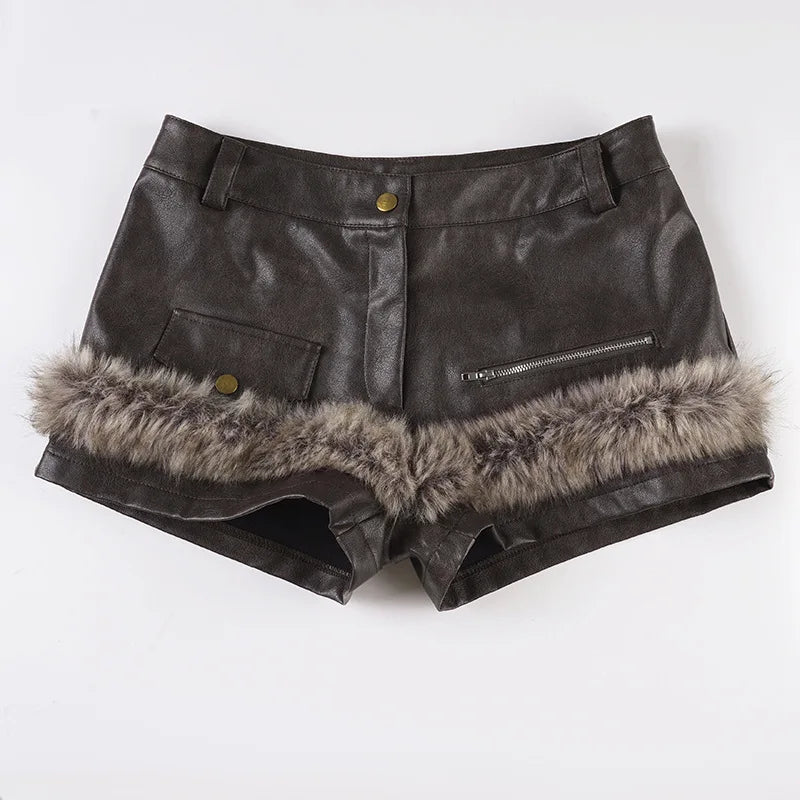 LIZAKOSHT  -  Women Fluffy Faux Fur Patchwork PU Leather Shorts 2025 Fall Winter Button Fly Medium Waist Slim Casual Streetwear Night Clubwear
