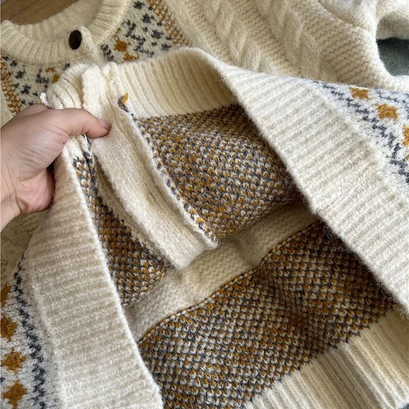LIZAKOSHT  -  Vintage Jacquard Knit Cardigan Women Loose Casual Lazy Wind Print Button Pullovers Korean Long Sleeve Baggy Aesthetic Outwear