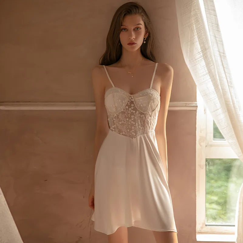 Lizakosht Women's Pajamas Lace Perspective Embroidered Pajamas Female Suspender Nightdress Women Pajamas Sexy Silk Nightgown Nighty Dress