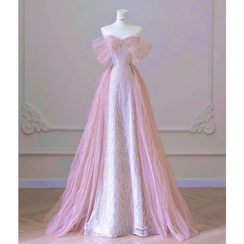 LIZAKOSHT -  Exquisite Pink Beaded Sequins Wedding Dress Evening Party Gown with Detachable Tulle Train Birthday Dresses Vestidos De Noche