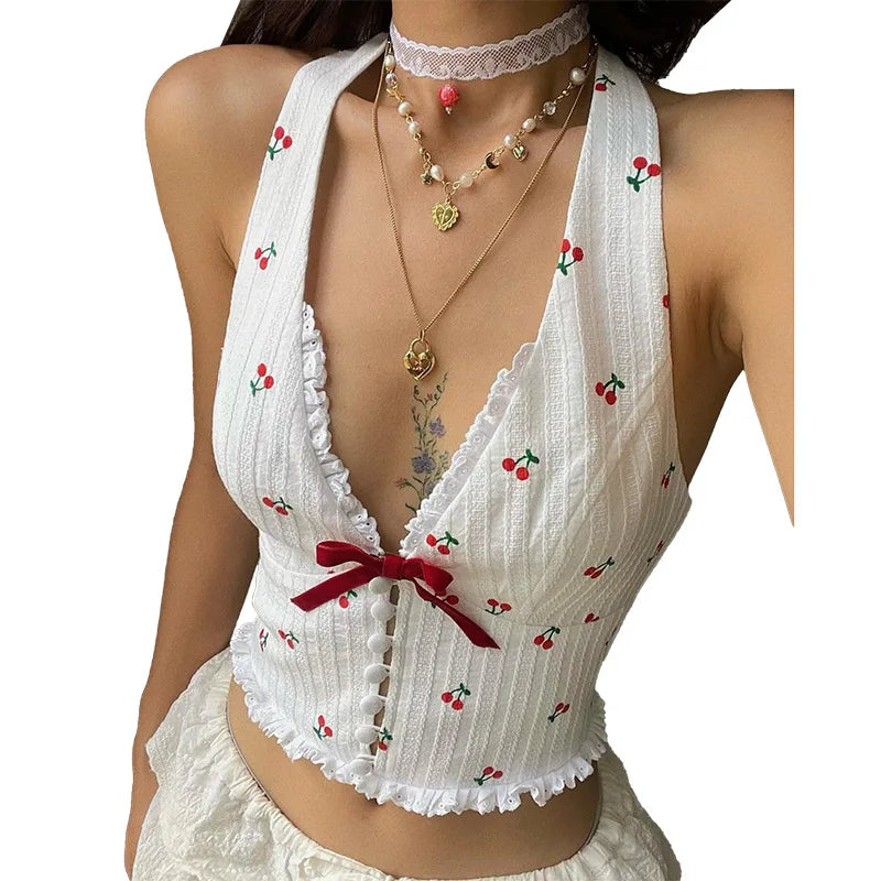 LIZAKOSHT  -  Summer Fashion Women's Wear Simple Style Casual Versatile Deep V Hanging Neck Short Top for Women