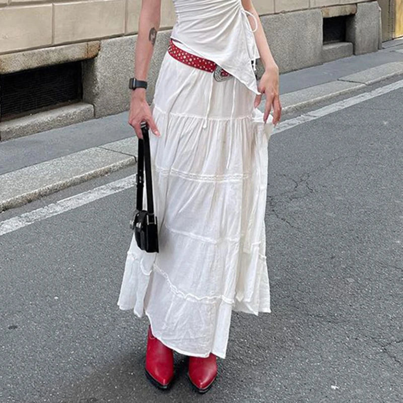 LIZAKOSHT  -  Cotton White Women'S Long Skirt Boho Holiday Style Sexy Side Split Midi Skirt Female Solid Casual Y2K Aesthetic Outfits