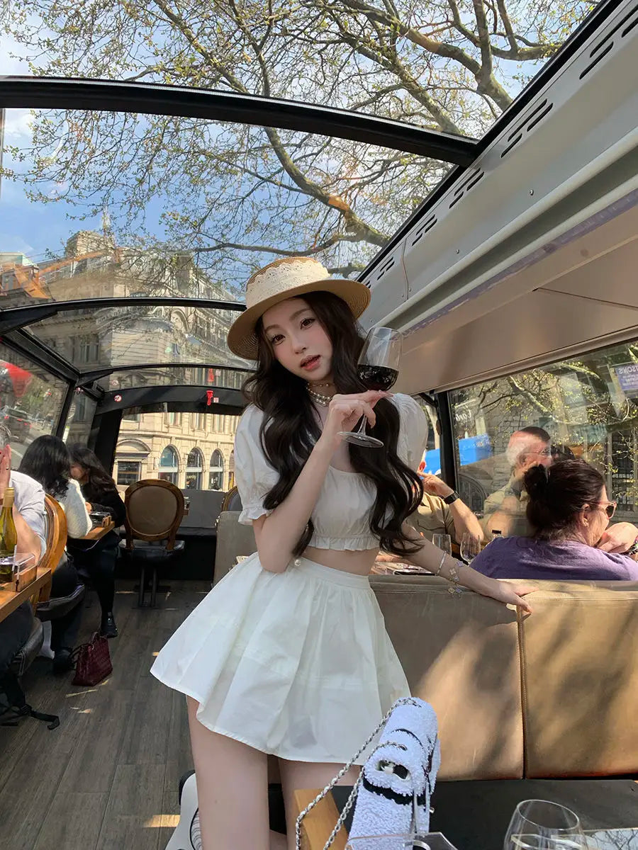 LIZAKOSHT  -  Cute Set Women's Summer Short-sleeved Square Collar Top High Waist A-line Skirt Two-piece Set Fashion Female Clothes