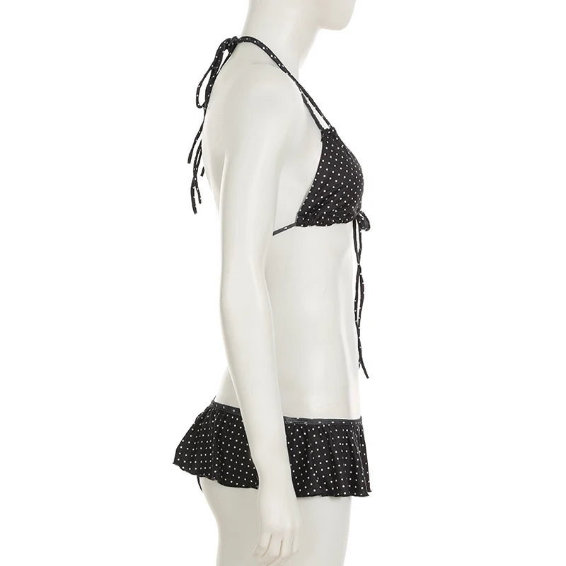 LIZAKOSHT  -  Women Polka Dot Bikini Set Beaches Style Lace-up Halter Camisole and Ruffled Triangle Pants Two Piece Set Vacation