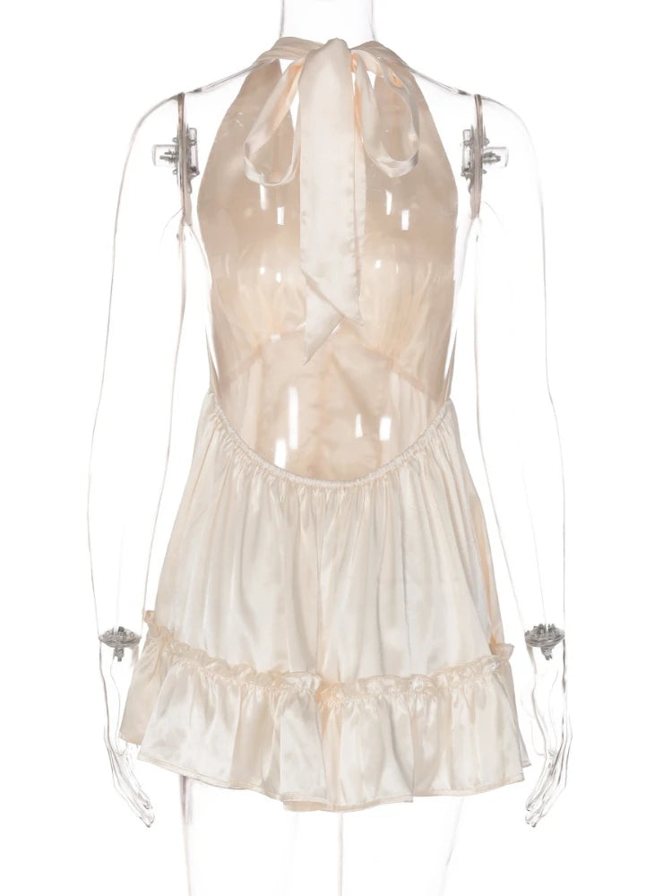 LIZAKOSHT  -  Sexy Deep V-neck Backless Champagne Party Club Dresses Women Halter Bandage Sleeveless Tunics Buttons Short Evening Dress