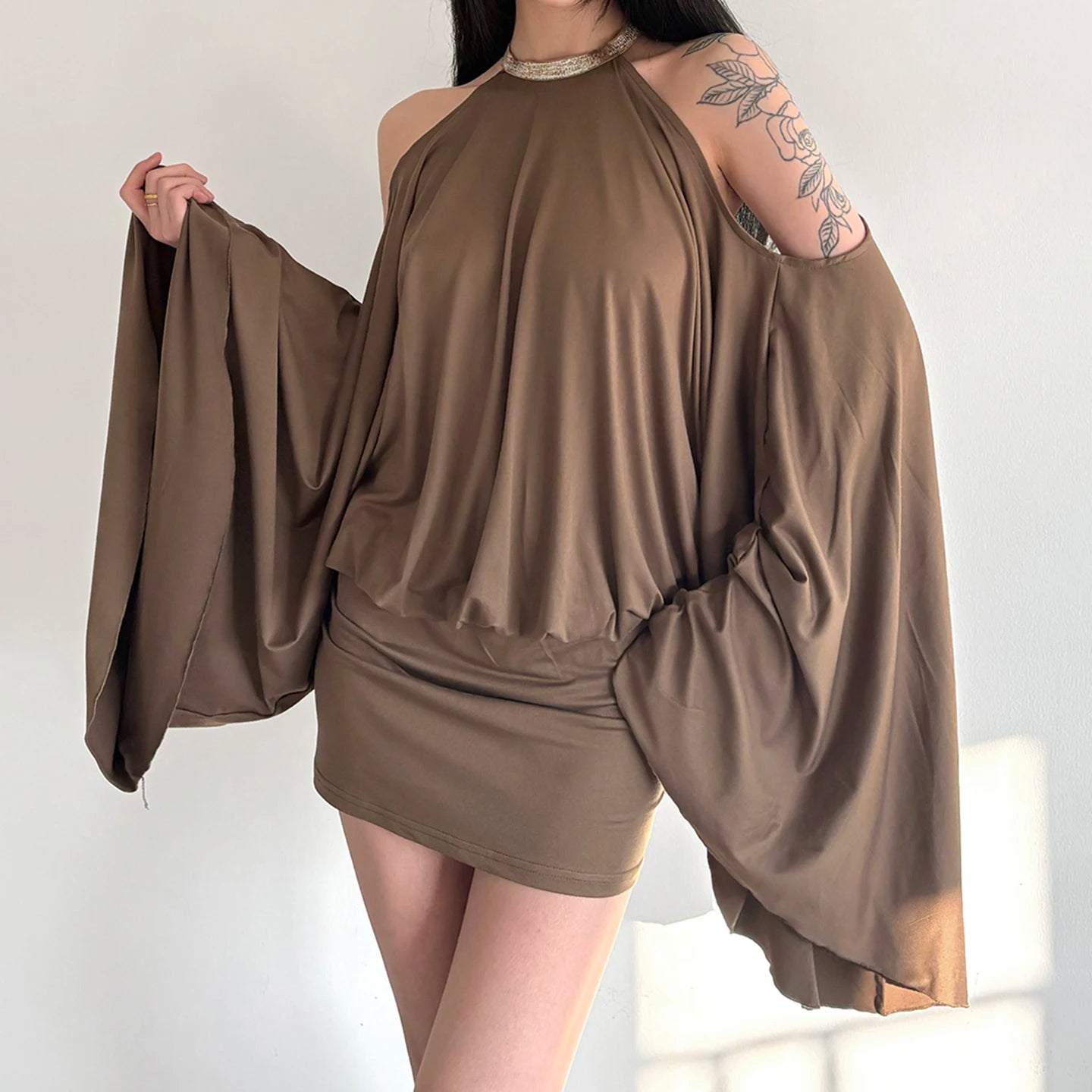 LIZAKOSHT  -  New European and American Hot Girl Style Strapless Backpack Hip Sexy Loose Bat Sleeve Dress Design Halter Neck Skirt