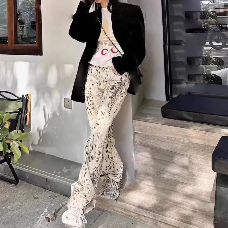 LIZAKOSHT  -  Retro Leopard Printed Wide Leg Jeans Y2k High Waist Button Baggy Trousers Unisex Hip-hop High Street Loose Denim Pants For Women