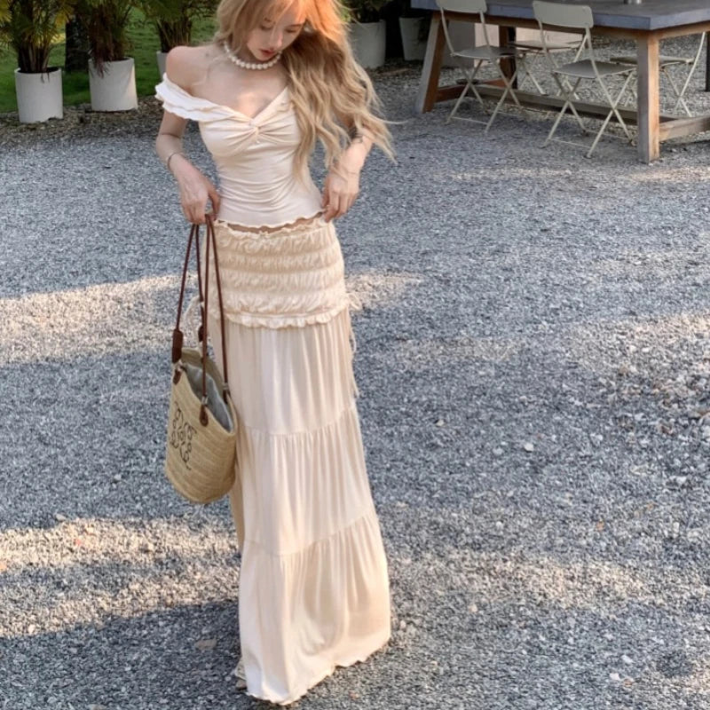 LIZAKOSHT  -  Summer New High Street Lace-up Pleated Solid Color Casual Cake Skirt Women + Sexy Slim Short Sleeve T-shirt Two-piece Suit