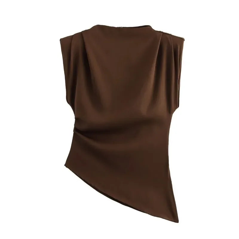 LIZAKOSHT  -  Fashion Sleeveless T-Shirt Women's Sexy Irregular Pleated Cropped Top 2025 Summer Woman Pullover Round Neck Vest T-Shirt