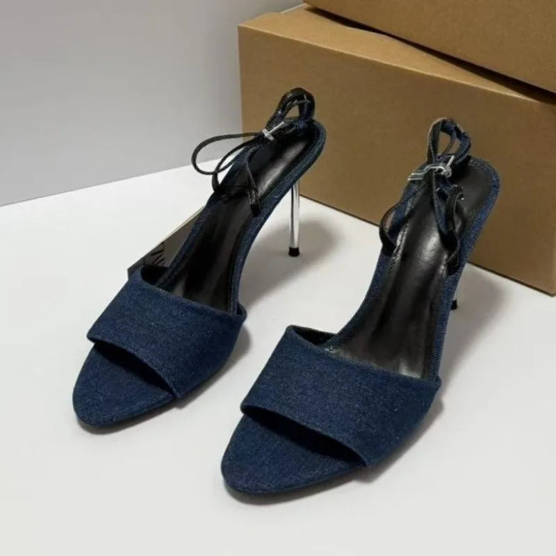 LIZAKOSHT  -  Summer Blue Demin Women High Heels Sandals Sexy Ankle Strap Peep Toe Party Prom Dress Stiletto Elegant Ladies Shoes