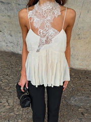 LIZAKOSHT  -  Women Lace Patchwork Top Choker Vest Spaghetti Strap V Neck Sheer Tops Flowy Sleeveless Tank Summer Suit Casual Wear Street Look