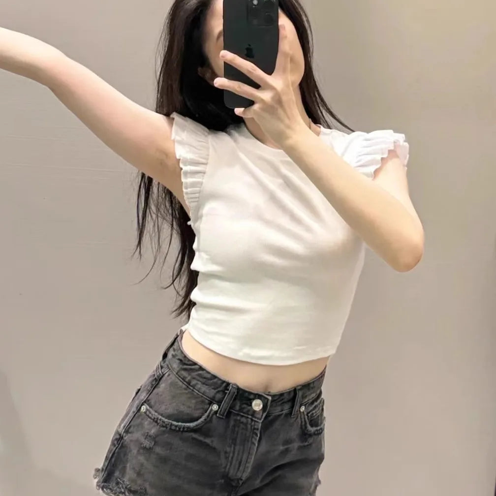 LIZAKOSHT  -  Y2K Woman 2025 Shirts Tops Ruffles Sleeve Cropped T-Shirts Summer Knitted Y2K Top Fashion Tight New Ladies Tops And Blouses