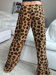 LIZAKOSHT  -  Casual Leopard Printed Wide Leg Pants Loose Furry Mid-Waisted Straight Pants Women Autumn Winter Fashion Streetwear