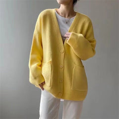 LIZAKOSHT  -  Autumn Winter Button Knitted Top for Women V-neck Ladies Sweaters Cardigan Korean Fashion Vintage Warm Women's Clothing Top